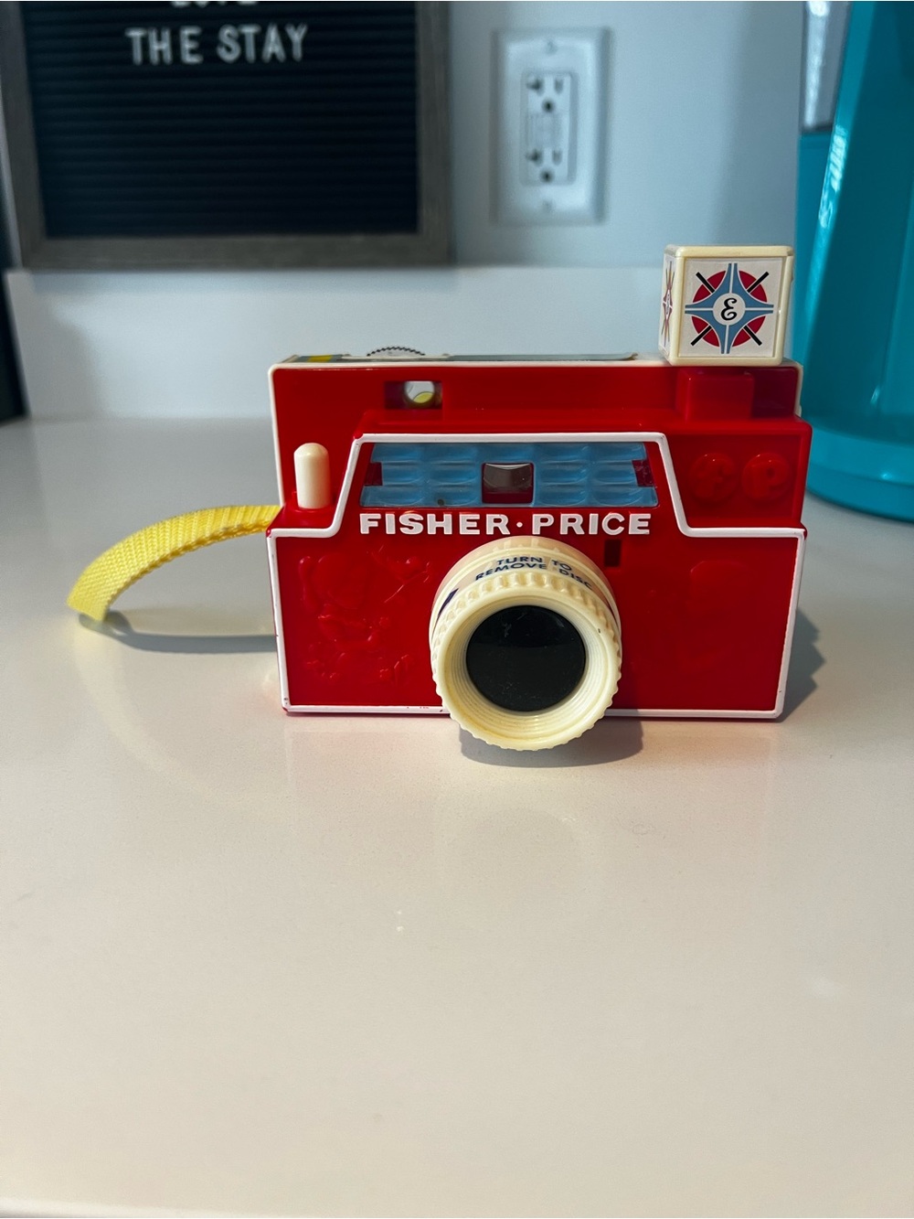 Fisher-Price Red and Cream Plastic Toy Camera with Yellow Strap